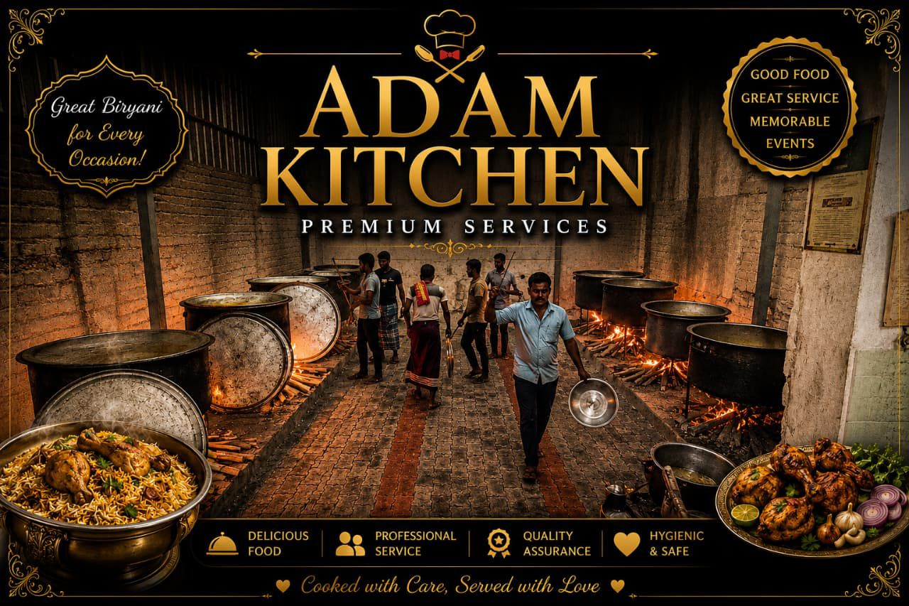 Professional large-scale biryani cooking in commercial kitchen — massive steaming pot